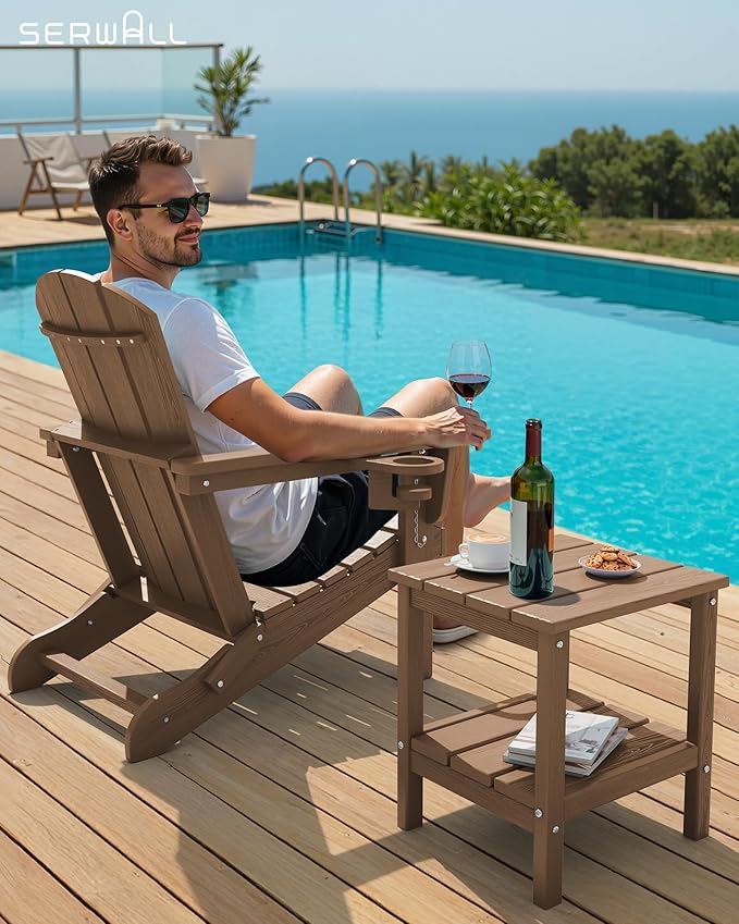SERWALL 2-Tier HDPE Outdoor Side Tables Set of 2, Weatherproof Rectangular Adirondack Side Table, Brown
