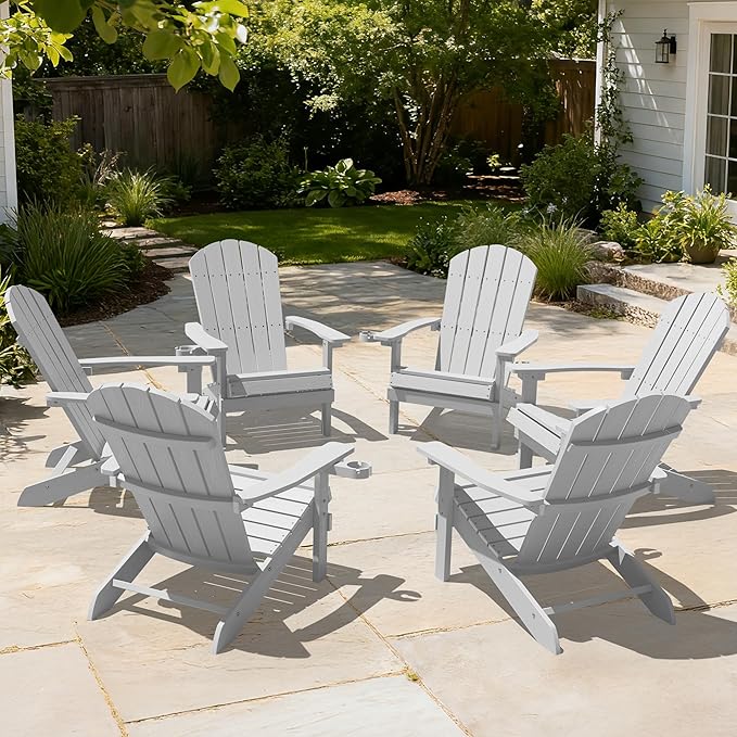 YEFU Adirondack Chairs Set of 6: Outdoor Chair HIPS Plastic Adirondack Chairs - Patio Chairs with Wood Texture - Lawn Fire Pit Deck Porch Garden Chairs for Adults(White)