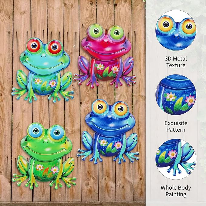 Metal Frog Wall Decor, 4Pcs Frog Iron Wall Art Sculptures Art Frogs Wall Hanging Sculpture Decoration.Outdoor Fence Art for Home Garden, Fence, Patio, Yard, Bedroom Outside Gifts for Adults