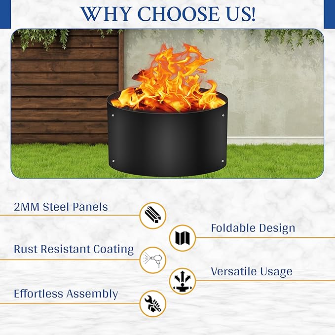FEBTECH Fire Ring for Outside Fire Pit - 38" Dia & 12" H No Bottm Deep Fire Ring Insert - Powder Coated 2mm Carbon Steel Liner for Above or In Ground Fire Pit & Outdoor Garden or Camping
