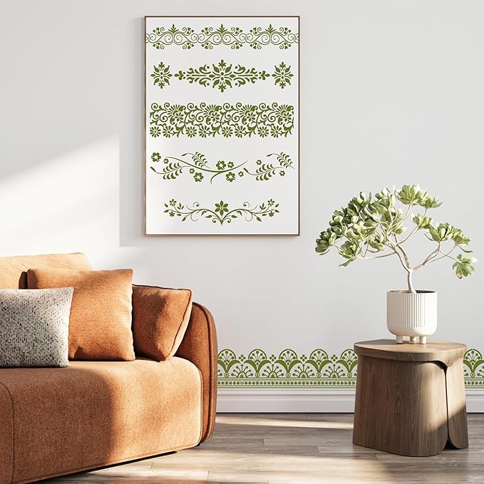 Flower Border Stencils for Painting - 12 Pcs Corner Border Stencils for Crafts Reusable, Mexican Art Floral Lace Stencil, Large Wall Stencil for Painting on Wood Wall Canvas