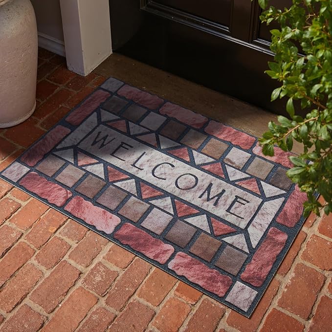 Welcome Mat Front Door Mat Indoor Outside Entrance, Absorbent Heavy Duty Doormat with Non Slip Backing Entryway Rug for Front Back Door, 17x30, Brick Print