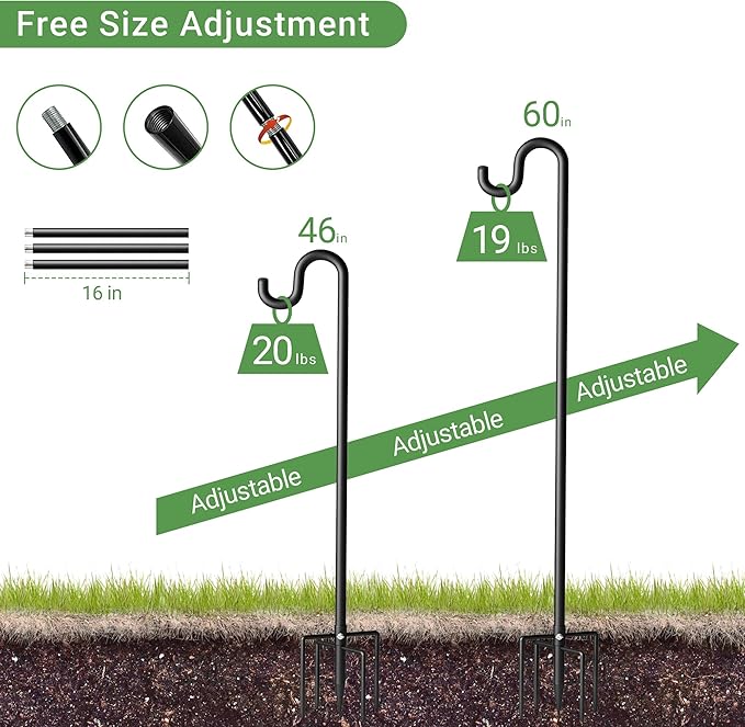 60" Shepherds Hooks for Outdoor, Extra Thick Bird Feeder Pole with 5 Prong Base, Adjustable Shepards Hook for Garden, Weddings, Hanging Plant