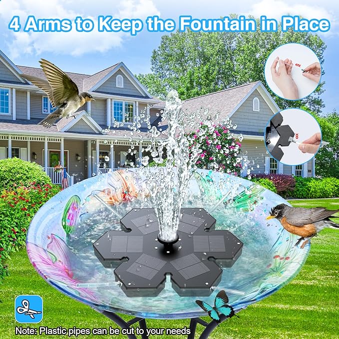 Solar Fountain Snowflake Style, 2025 Upgrade 3.5W Solar Bird Bath Fountains, Solar Powered Water Fountain with 2000mAh Battery, LED Lights, 7 Nozzles for Hummingbird, Garden, Pool, and Pond