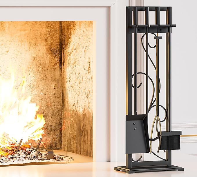 Kingson 5-Piece Heavy Duty Wrought Iron Fireplace Tool Set - Durable Indoor & Outdoor Fireplace Accessories with Decorative Black Finish - Stylish and Functional Hearth Décor for Fireplaces