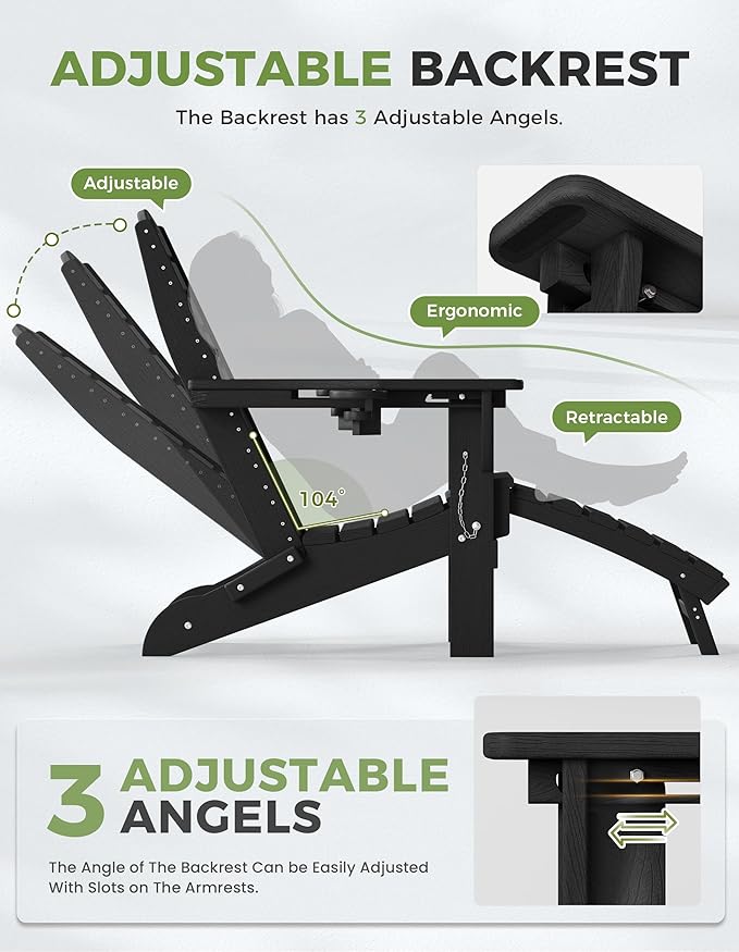 Ciokea Folding Adirondack Chair Set of 4 with Retractable Ottoman Fire Pit Patio Chair with Pull Out Foot Rest Weather Resistant Lawn Outdoor Chair with 2 Cup Holder (Black)