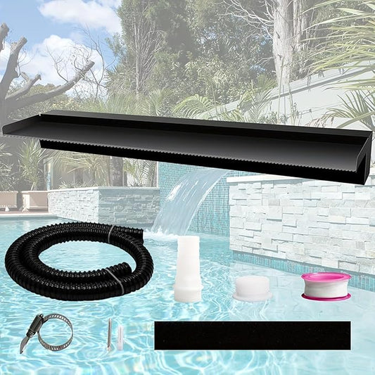 Pool Fountain Stainless Steel Pond Waterfall Spillway Kits for Indoor/Outdoor Decorative, 36 Inches Black Pool Water Feature for Garden Patio, Backyard Koi Pond Decor(No LED Light)