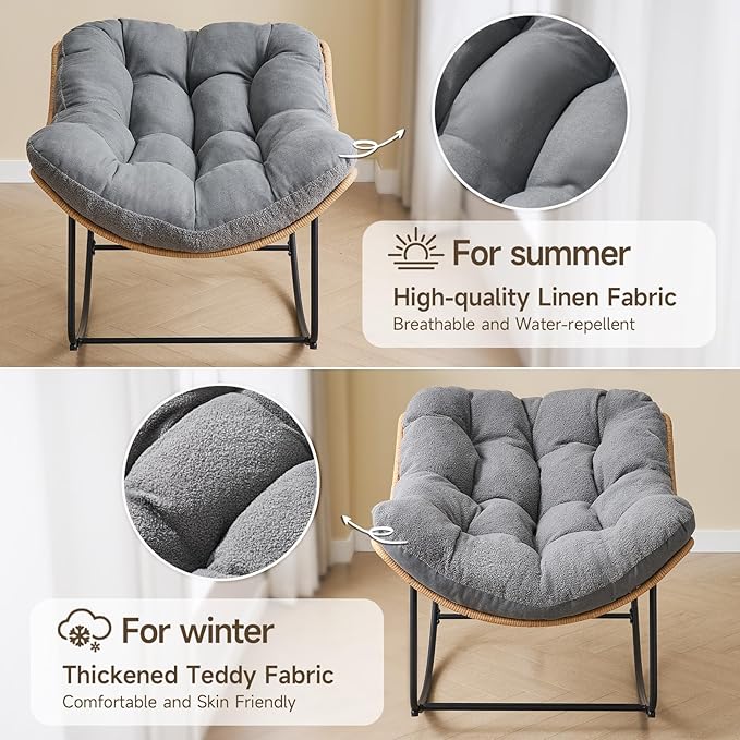 ONBRILL Outdoor Rocking Chairs, Oversized Papasan Rocking Chair Indoors with Padded Cushions, Rattan Wicker Lounge Chair for Living Room, Porch, Patio, Garden, Grey