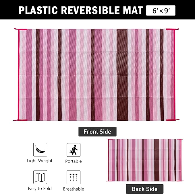 HUGEAR Outdoor Waterproof Rug 6'x9' Plastic Straw Rugs Washable Reversible Floor Mat Pink Stripe Carpet for Camping RV Deck Entryance Porch Picnic Balcony Beach Backyard