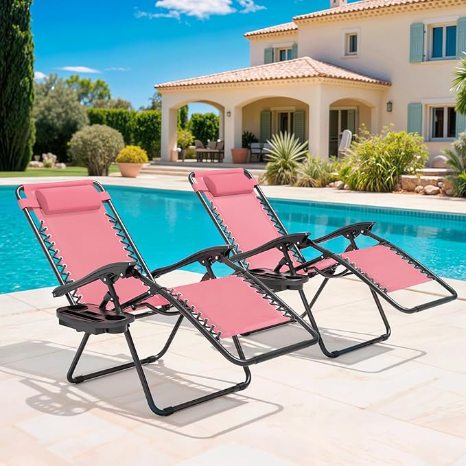Magshion Zero Gravity Lounge Chairs Set of 2, Outdoor Patio Reclining Chair with Side Tray, Adjustable Anti-Gravity Recliners with Pillow Headrest, Folding Lounger for Lawn Camping Beach, Pink