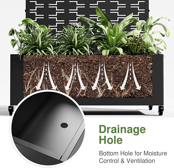 Casaphoria Metal Raised Garden Bed with Trellis and Wheels, 47"x47"x16" Planter Box for Climbing Plants, Vegetables & Vines, Features Drainage Holes and Privacy Screen (Black-Brick)