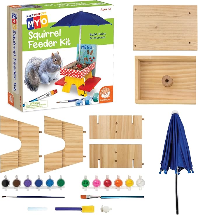 MindWare Make Your Own (MYO) Squirrel Feeder Craft Kit for Kids - Includes Wood Pieces, Paint, Brushes, Instructions and More