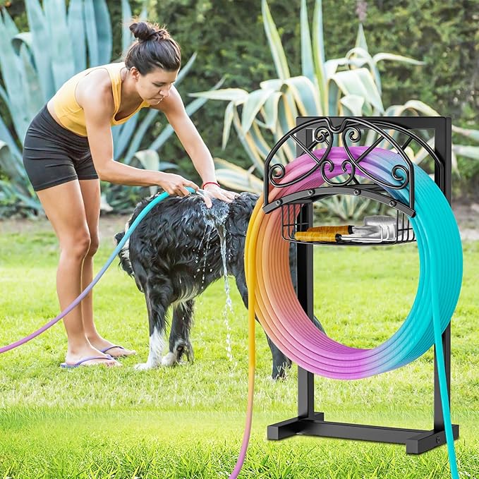 Garden Hose Holder, Freestanding Water Hose Holder with Storage Basket, Heavy Duty Metal Hose Stand Sturdy Hose Hanger, Detachable Hose Storage Rack for Outside Yard Lawn
