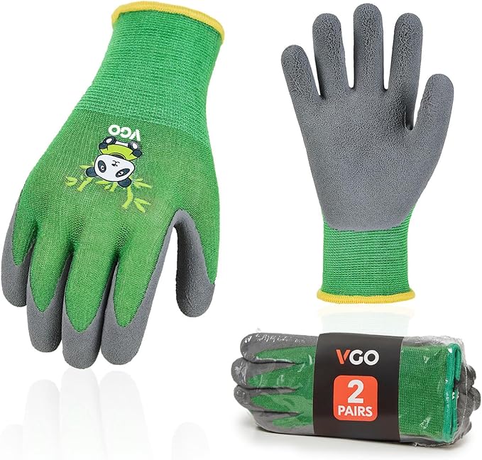 Vgo... 2-Pairs Age 7-9 Kids Garden Gloves, Bamboo Fibre Toddler Gardening Gloves, Children Yard Safety Work Gloves,Rubber(Size XS, Green, KID-RB6026)