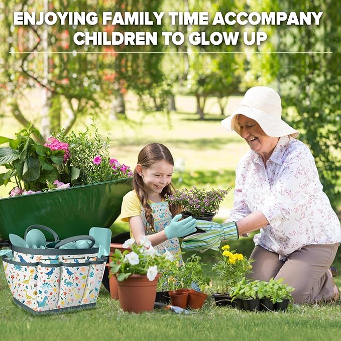 Kids Gardening Set 14Pcs Gardening Tools for Kids with Tote Bag,Watering Can, Shovel, Apron, Garden Book and More Educational STEM Learning Outdoor for Toddlers Boys Girls (Dinosaur Blue)
