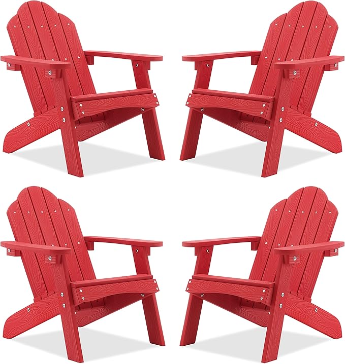 LUE BONA Kids Adirondack Chair Set of 4, Red Poly Lumber Plastic Weather Resistant Kids Outdoor Patio Lounge Chair for Balcony, Backyard