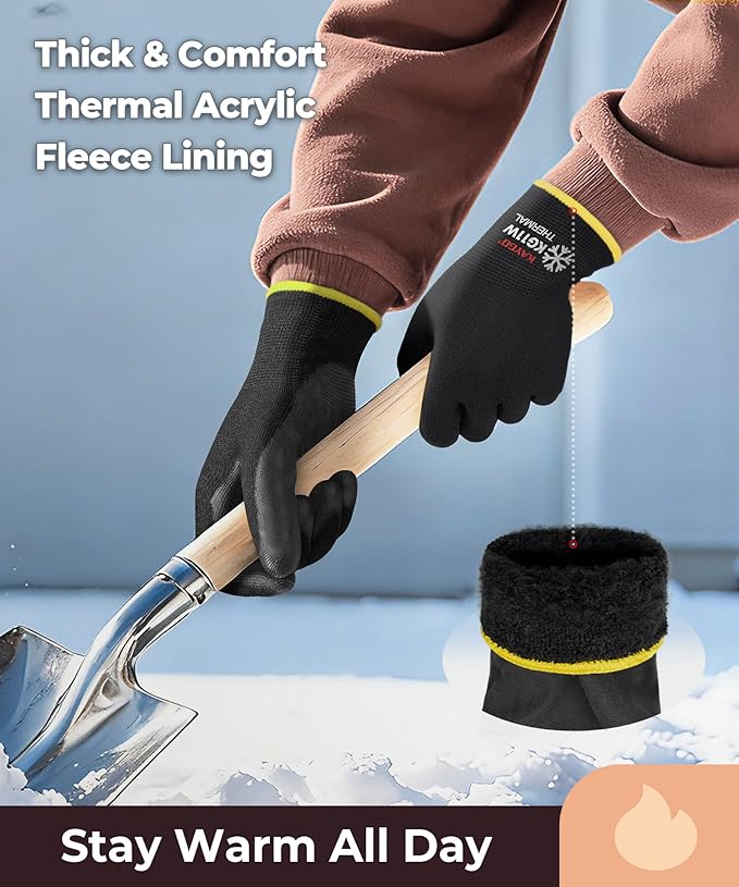 KAYGO Winter Work Gloves for Men and Women, 12 Pairs Thermal Insulated Safety Work Gloves PU Coated, Smooth Grip on Palm & Fingers,Ideal for Freezer Work,Black,L