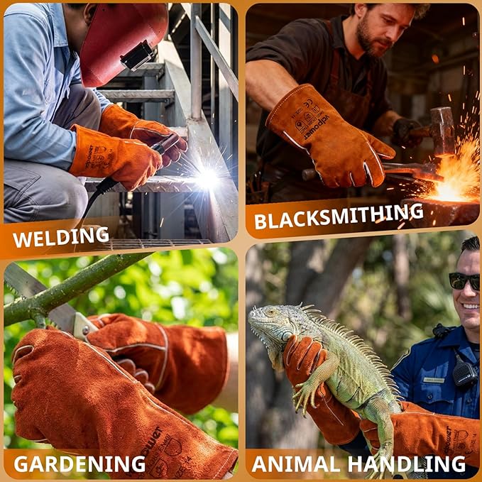 Welding Gloves Fire Heat Resistant 14IN Fireproof Leather for Welding Fire Pit Wood Stove Campfire Furnace BBQ Baking,Grill Oven Stick Mig Tig Gear Gift for Man L