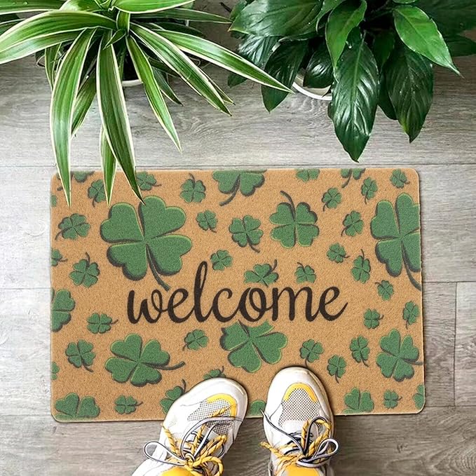 St. Patrick's-Day-Clovers-Welcome-Mats Outdoor-Entrance Green-Shamrock-Outdoor-Doormat Non Slip Coir Front Door Mat for Irish Home Decor 17" x 29"