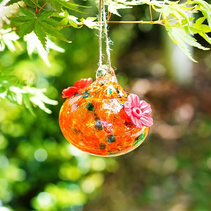 2pcs Small Blown Glass Hummingbird Feeders for Outdoors 3.2in Hanging Glass Humming Bird Feeders for Window Patio Decor with 2 Flower Feeding Ports