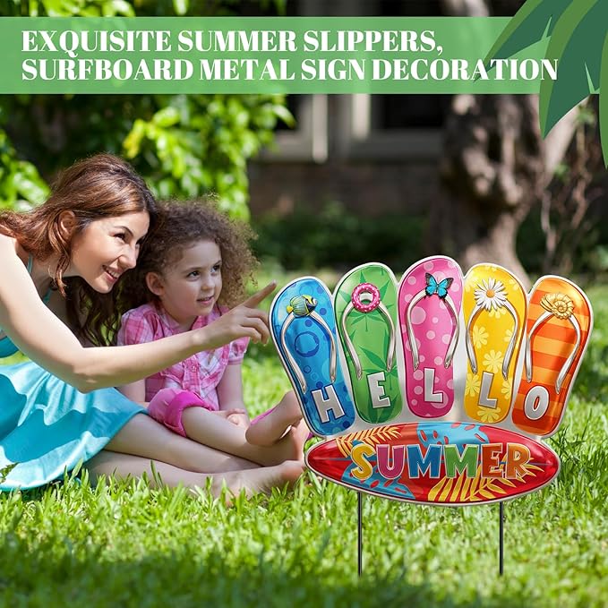 1 Pcs Summer Yard Sign Metal Outdoor Yard Decoration with Stakes Waterproof Garden Lawn Stake Sign Decoration for Patio Lawn Walkway Courtyard Party Decor