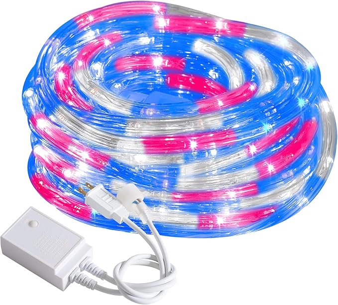 Waterproof LED Rope Lights, Connectable & Flexible with 8 Modes, Outdoor Lighting for Deck, Garden, Pool, Patio & Christmas Decor (Red/Blue/White, 50ft)