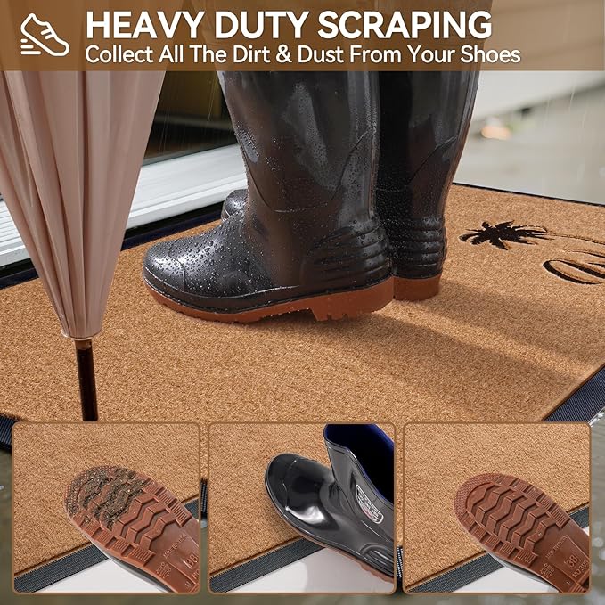 Dirt Trapping Outdoor Welcome Mats, 31x47 Durable Non-Slip Door Mat Outside Entrance, Low Profile Easy Clean Doormat for Patio Porch Front Indoor Entryway, Brown
