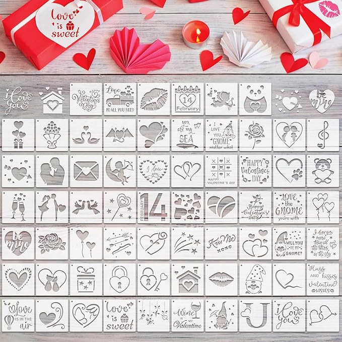 Marspark 66 Pcs Spring Easter Small Stencils for Crafts Reusable 3 Inch Stencils for Painting on Wood DIY Craft Paint Template for Wall Home Decor Card Rock Canvas Drawing Holiday (Valentine)