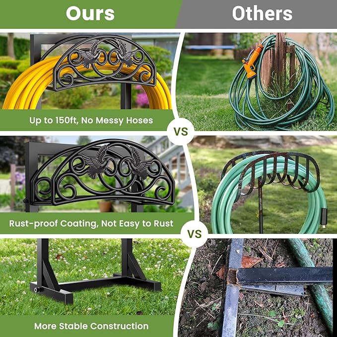 Freestanding Garden Hose Holder, Heavy Duty Water Hose Holder Stand with Stable 4-Spike Base, Fits 5/8" Hoses up to 150ft, No-Drill Yard Storage Alternative to Hose Reel