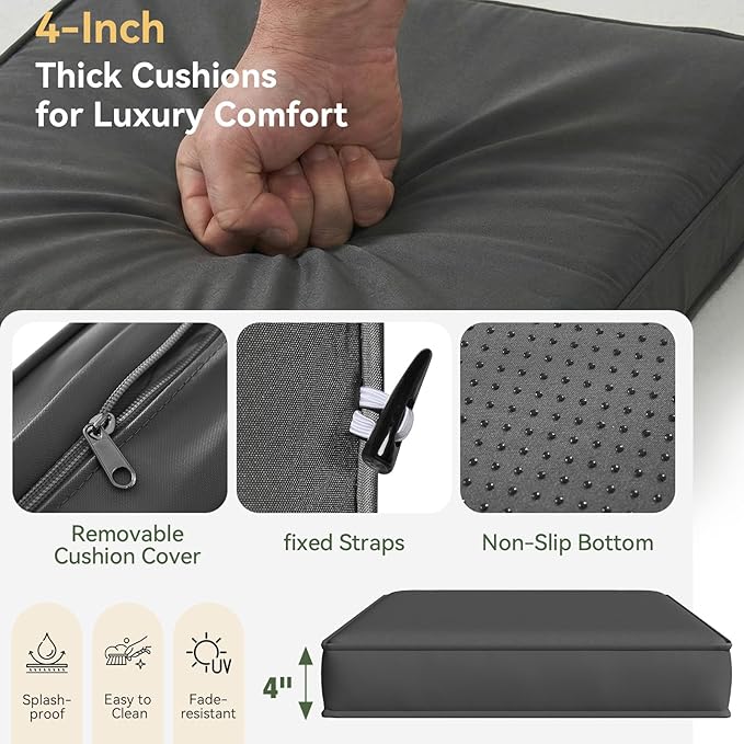 Aoxun Patio Furniture Cushions for Outdoor Furniture Set of 4, Thick Replacement Patio Couch Cushions for Outdoor Furniture, 7-Piece Splashproof Fade Resistant Outdoor Couch Cushions, Grey