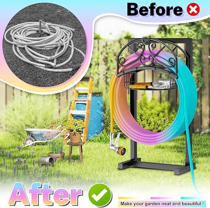 Garden Hose Holder, Freestanding Water Hose Holder with Storage Basket, Heavy Duty Metal Hose Stand Sturdy Hose Hanger, Detachable Hose Storage Rack for Outside Yard Lawn