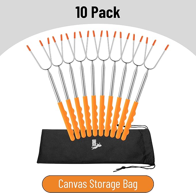 UNCO Marshmallow Roasting Sticks - 10 Pack, 45" Extendable Stainless Steel Campfire & Fire Pit Sticks for Marshmallows & Hot Dogs
