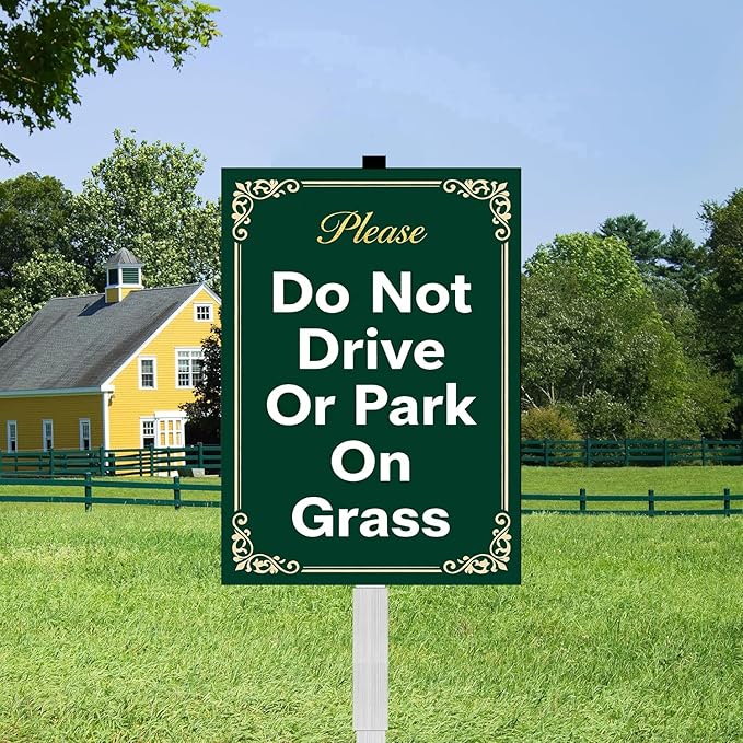 Do Not Drive Or Park On Grass Yard Signs With Stake Rustproof Reflective Aluminum No Parking Decoractive Garden Stakes for Lawn Outdoor Decorations 8x12 In