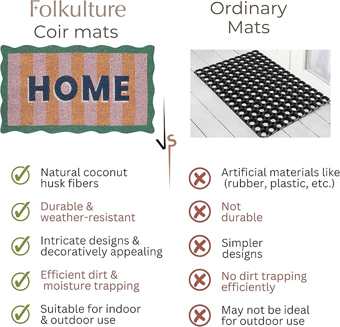 Folkulture Welcome Matt Outdoor | 16 x 28 Scalloped Home Door Mats for Front Door Mat Outside Entrance | Eco Friendly | Welcome-Mats Cute | Coir Door Mats | Outdoor Decor | Durable & Anti Slip