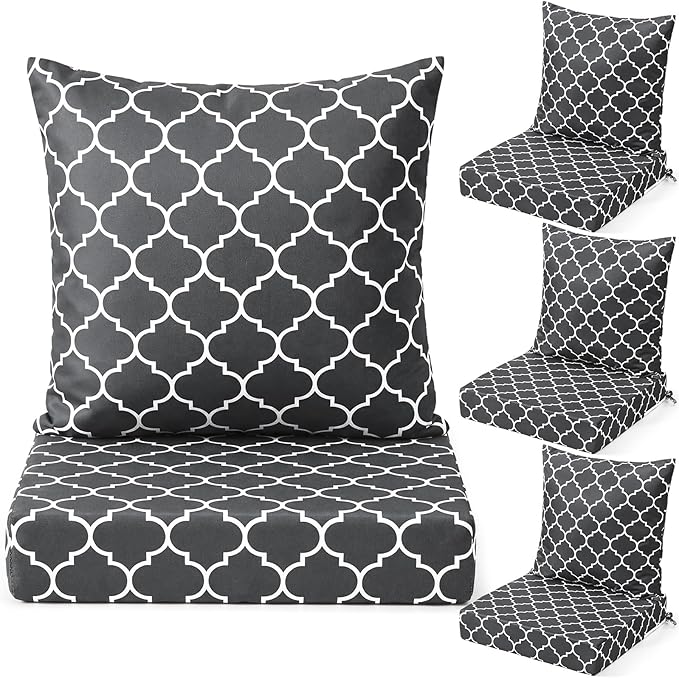 Hoteam 4 Set Outdoor Chair Patio Cushions Deep Seat Waterproof Chair Cushions 20 x 20 Inch for Patio Furniture Set Replacement Removable Seat and Back(Gray Lantern)