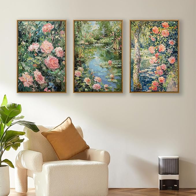 QTUSYUR Watercolor Rose Flower Wall Art - Large Farmed Country Garden Pond Art Print - Plant with Floral Canvas Artwork for Farmhouse Living Room- Vintage Abstract Painting for Home Decor 16”×24”×3
