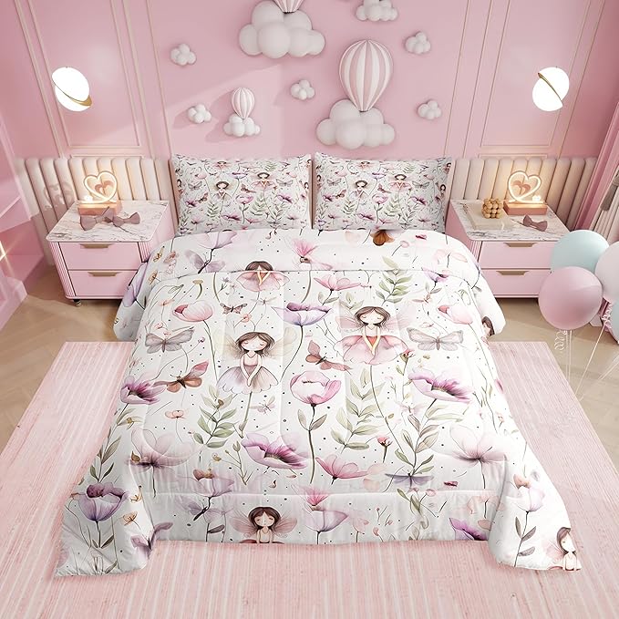 Erosebridal Fairy Garden Full Bedding Set - Butterfly & Floral Comforter Set for Kids Girls, Purple Pink Flower Butterflies Quilt | Whimsical Fairies Bedroom Decor with 2 Pillowcases