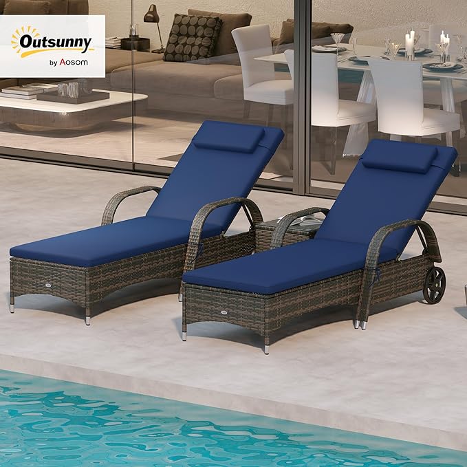 Outsunny Wicker Outdoor Chaise Lounge Chair Set of 3 with Side Table, 5-Level Adjustable Backrest PE Rattan Pool Lounge Chair with Wheels, Cushion & Headrest, Dark Blue