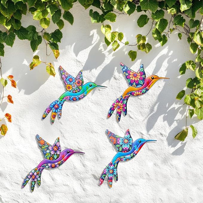 Metal Hummingbird Wall Decor,Outdoor Fence Birds Art Decoration,Hanging Decorations for Garden,Yard,Patio Balcony,Great Gifts for Family Friends(4 Pack)