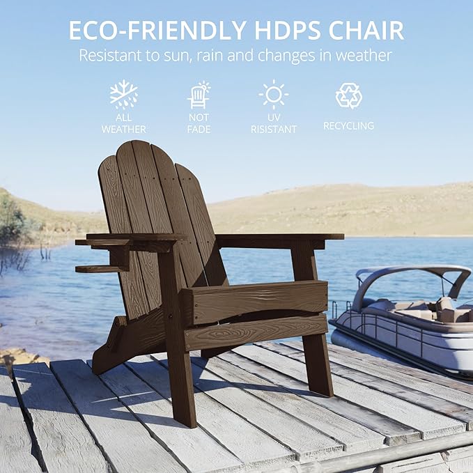 LUE BONA Folding Adirondack Chair Set of 2, Dark Brown HDPS Weather Resistant Outdoor Chair with Cup Holder for Fire Pit Backyard Porch