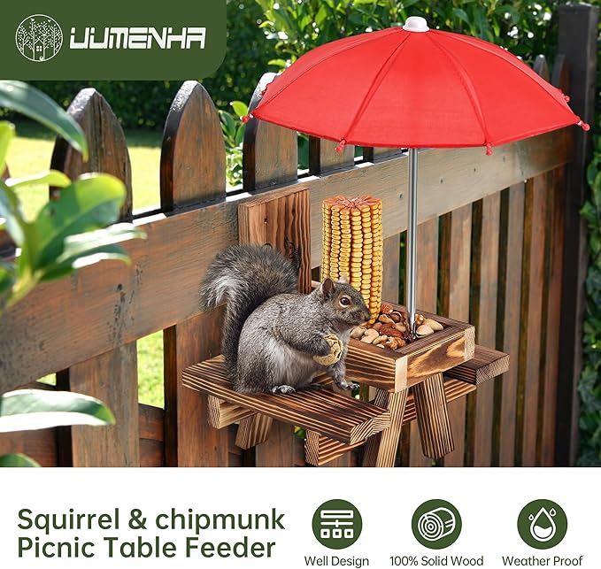 Squirrel Feeder for Outside with Umbrella, Carbonized Wood Squirrel Picnic Table Feeder with Corn Cob Holder & Peanut Tray, Durable Picnic Table for Squirrel and Chipmunk, New Premium Gift (Brown-red)