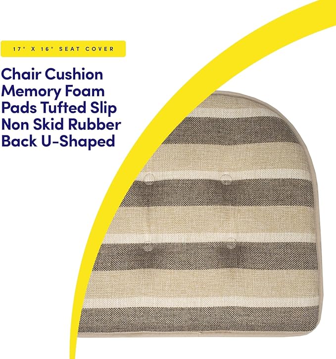 Sweet Home Collection Chair Cushion Memory Foam Pads Tufted Slip Non Skid Rubber Back U-Shaped 17" x 16" Seat Cover, 6 Count (Pack of 1), Bradford Beige/Brown