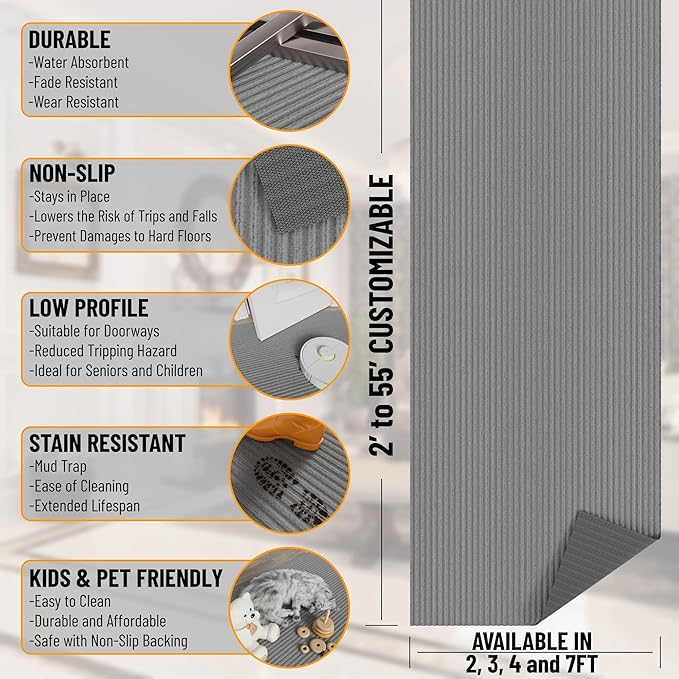 Ottomanson Front Door Mat – Non Slip Scraper Mud Mat for High Traffic Entryways, RV & Patio – Dirt Trapping and Durable for Indoor & Outdoor Use – 2' x 4' – Gray