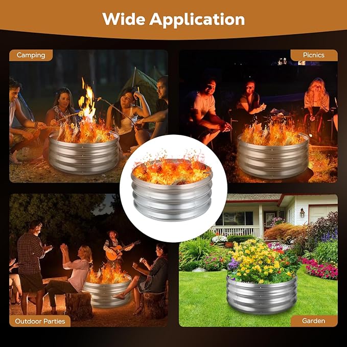 24 Inch Round Galvanized Fire Pit Ring, Silver Round Galvanized Fire Ring, 2 Feet Diameter Fire Pit, Outdoor Pits for Backyard, Camping, Bonfire