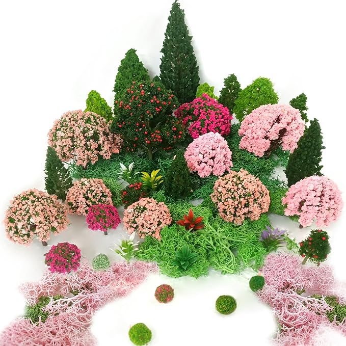 Mixed Model Trees, Model Train Scenery, 37Pcs, Miniature Trees with Moss for Building Model, Natural Green Landscape, Railroad Scenery