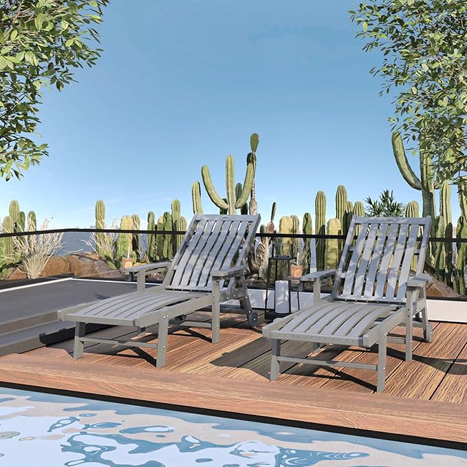 Patio Chaise Lounge Chair, Oversized Lounge Chair Outdoor with 5 Positions, HDPE, Patio Lounge Chair with Wheels & Cup Holder for Pool, Deck, Poolside,Grey