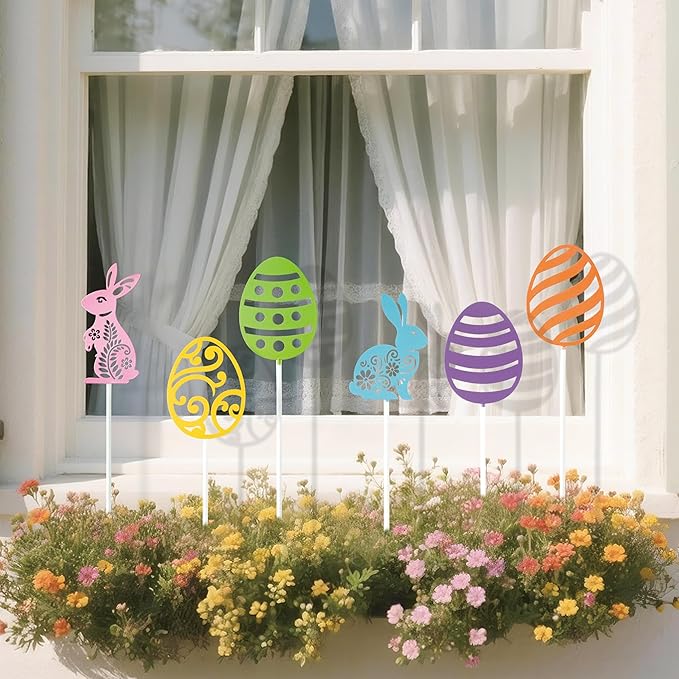 Metal Easter Day Planter Stakes - 6 Pcs Cute Bunny Yard Sign Easter Egg Cut-Out Decorative Garden Stake for Planter Outdoor Backyard Pathway Lawn Plant Flower Pots Decor Spring Party Supply