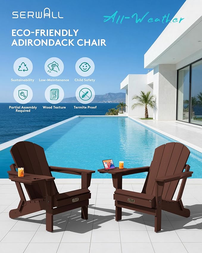 SERWALL Folding Adirondack Chair Set of 2, HIPS Adirondack Chairs with 4 in 1 Cup Holder, Weather Resistant Plastic Chairs for Patio Garden Outdoors Fire Pit-Coffee