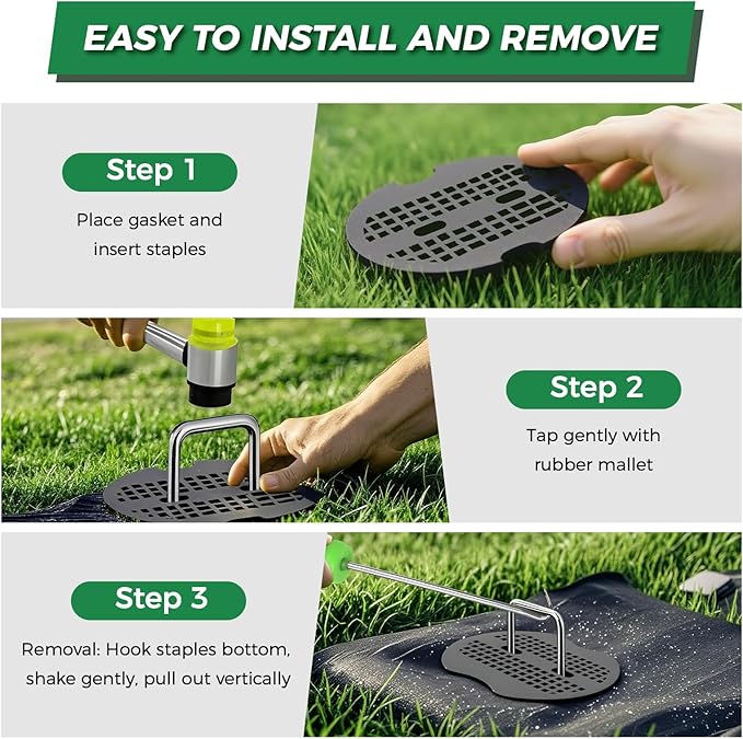 100Pcs Garden Staples +100Pcs Gasket +Pick Hook +Rubber Mallet, 6 Inch Landscape Fabric Stakes Galvanized Weed Barrier Stakes 11 Gauge Landscape Pins U Shape Lawn Staples for Yard, Turf, Sod, Weed Mat