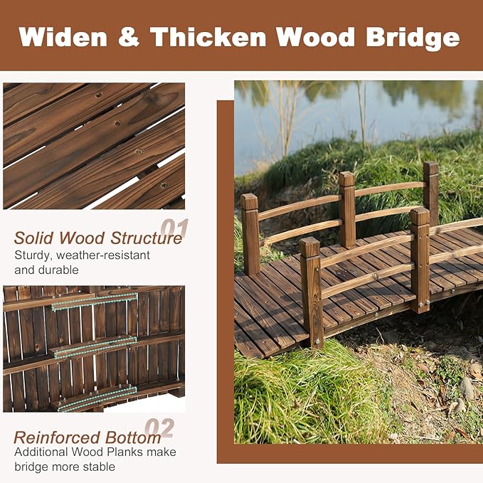 HOMEDIARY 5 FT Fir Wood Garden Bridge, Outdoor Stained Wood Arc Footbridge Walkway with Double Safety Railings, 550 lbs Capacity,Decorative Pond Bridge for Backyard Farm Garden Creek Pond Decor, Brown